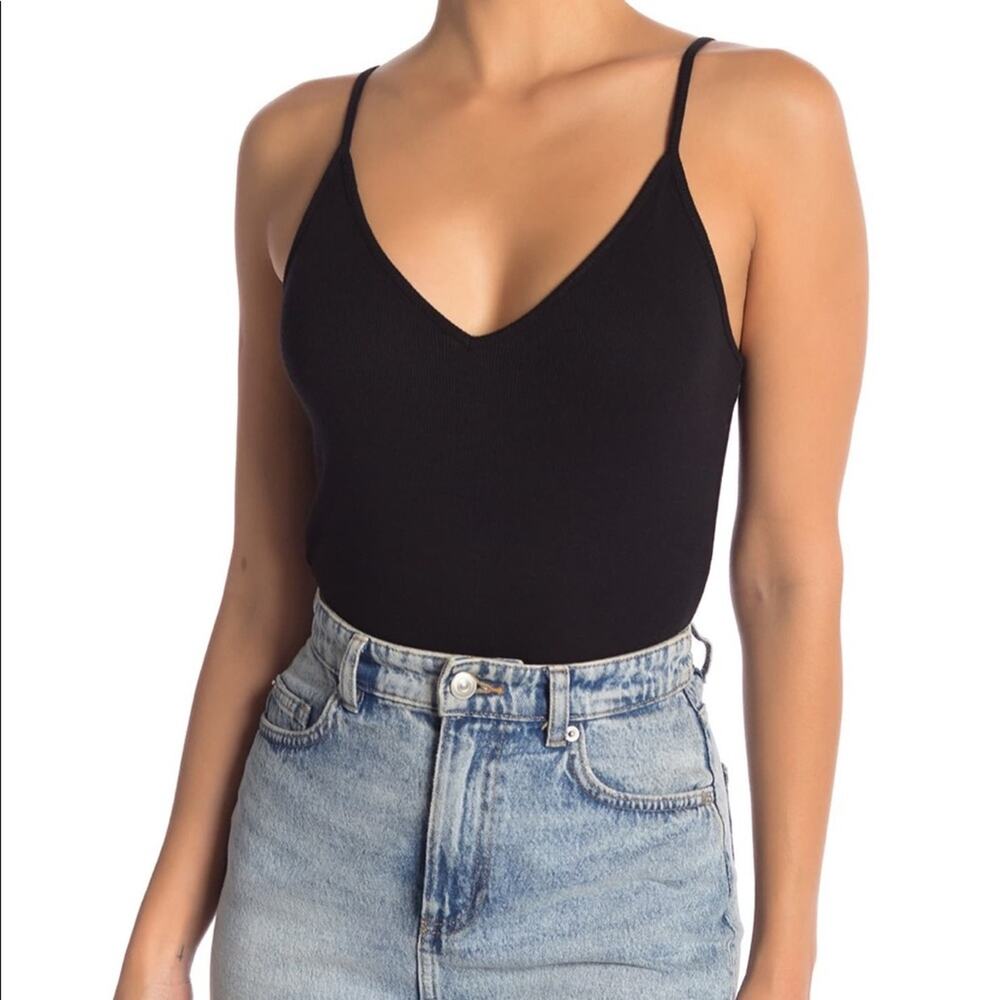 Nordstrom bp. V-Neck Ribbed Thong Bodysuit Black Size XXS